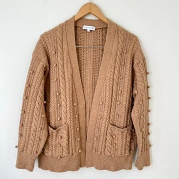 White + Warren Camel Brown Wool Blend Chunky Knit Cardigan Sweater Womens L - Picture 2 of 10